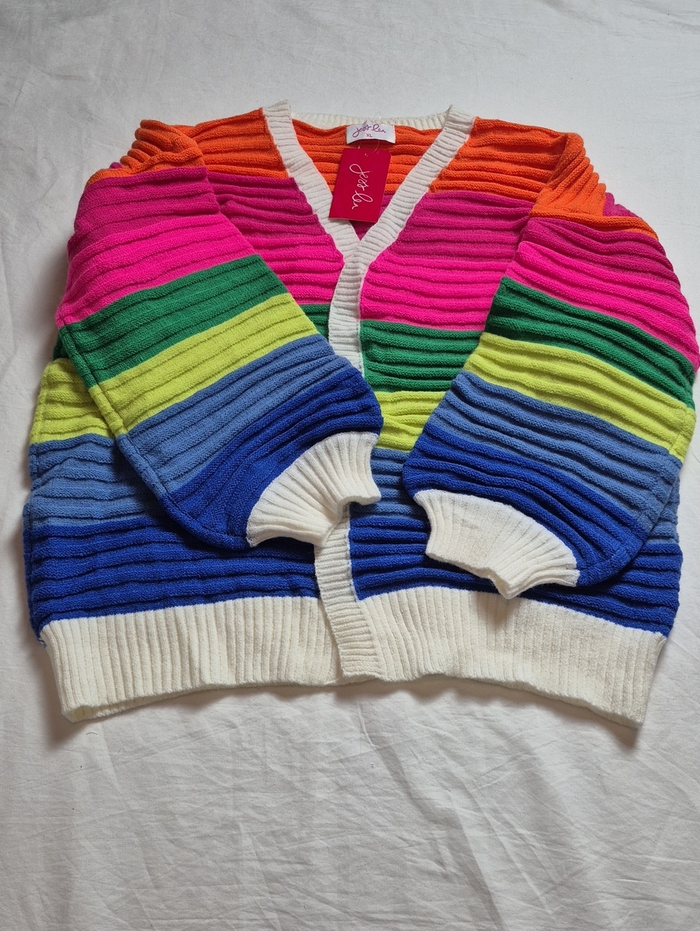 Colorblock V-Neck Striped Cardigan in Multicolor with Cream Trim